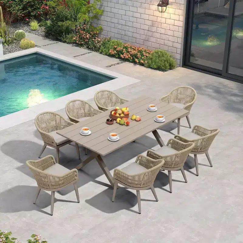 Ensemble de salle à manger d'extérieur PURPLE LEAF avec table à manger en aluminium et chaises en rotin tressé
