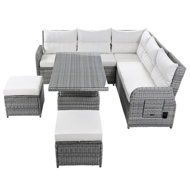 Ensemble de canapé d’angle modulable en rotin d’extérieur avec table réglable et fauteuils inclinables