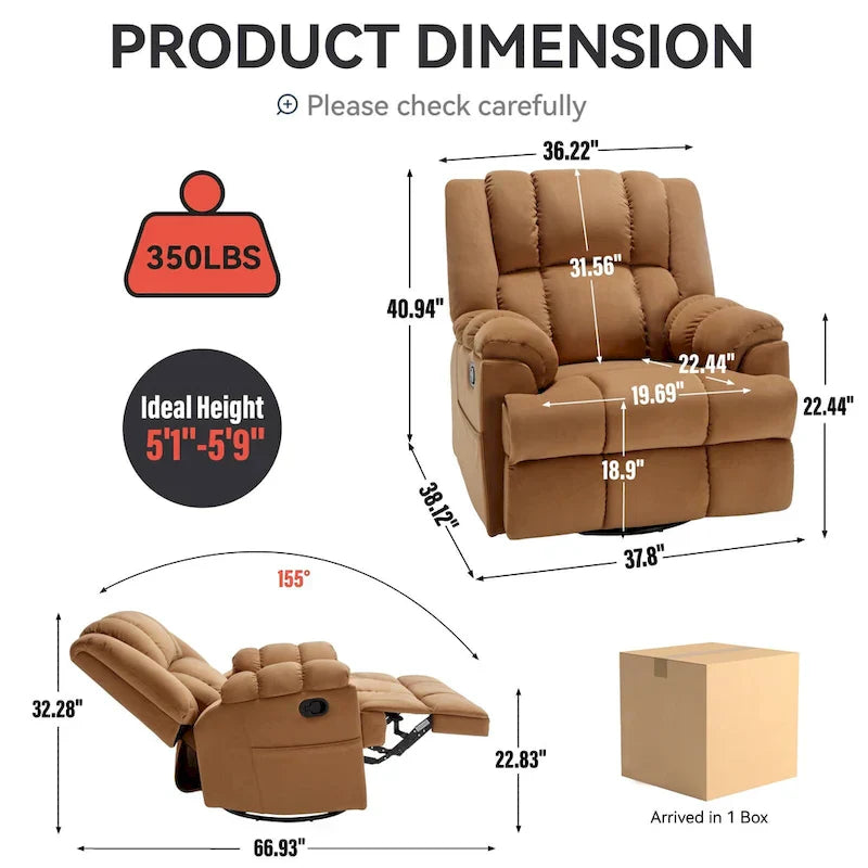 Fauteuil inclinable pivotant et à bascule en tissu Lazy Boy, grand fauteuil berçant manuel rembourré à l’excès avec accoudoirs à coussinet et dossier rembourré
