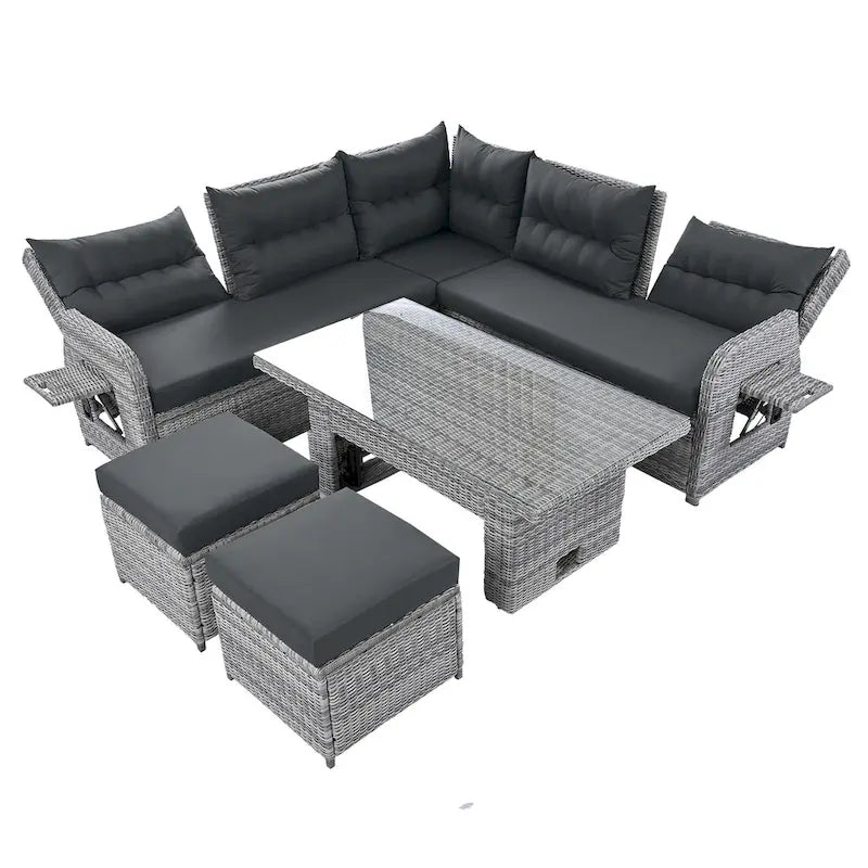 Ensemble de canapé d’angle modulable en rotin d’extérieur avec table réglable et fauteuils inclinables
