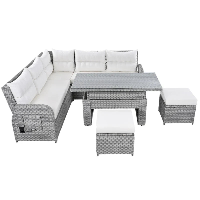 Ensemble de canapé d’angle modulable en rotin d’extérieur avec table réglable et fauteuils inclinables